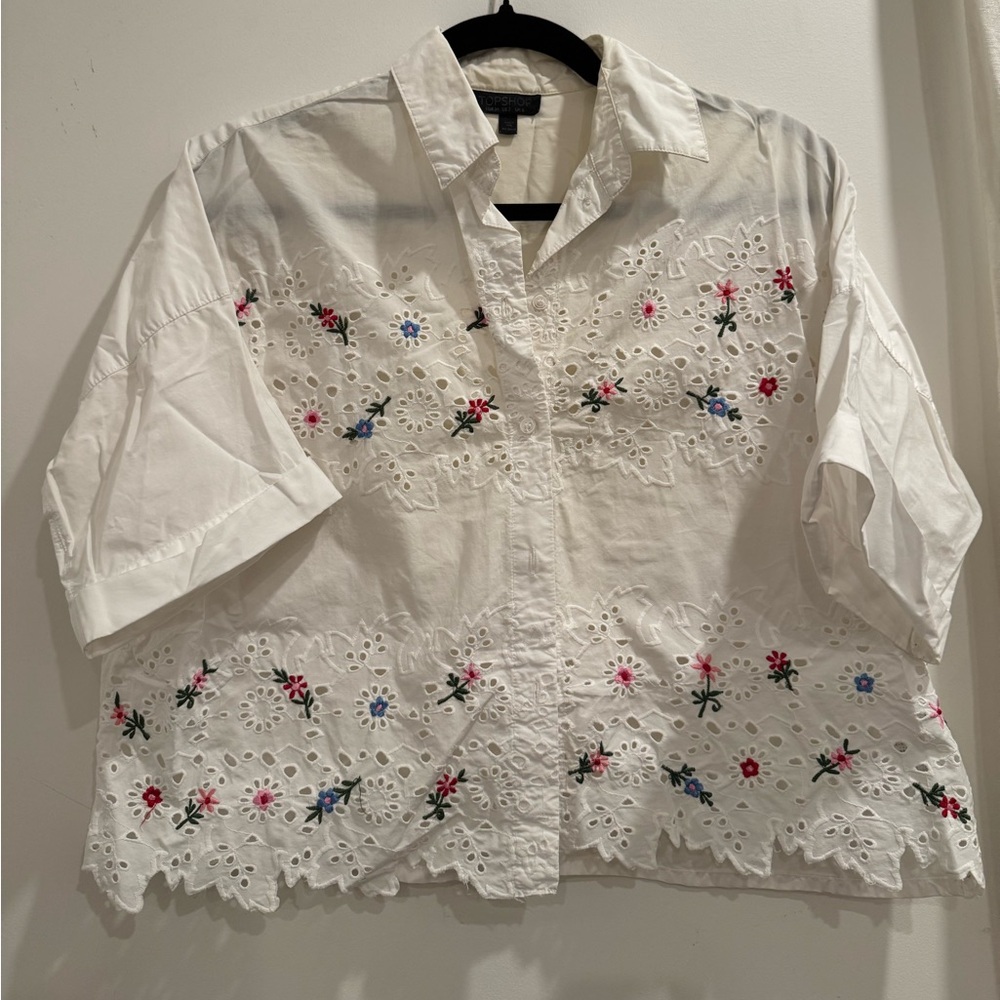 Topshop Women’s White Eyelet Embroidered Button Down Crop Top Size 2